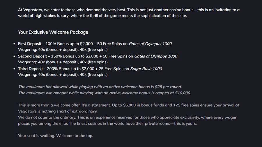 Vegastars Welcome Bonus